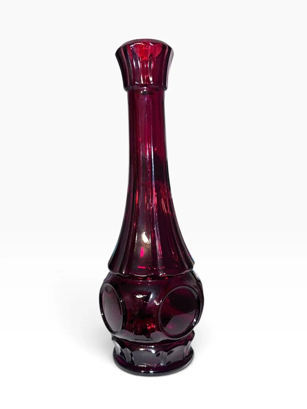 Vintage Ruby Red Glass Bud Vase with Raised Circular Motif, Mid-Century Modern